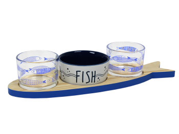 Plateau bois forme poisson + 3 pots