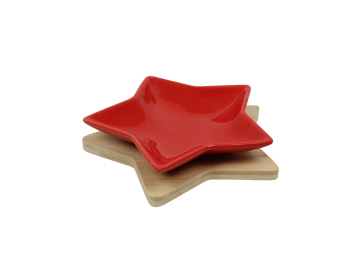 Etoile céramique rouge sur plateau 15x16xH3/4 cm