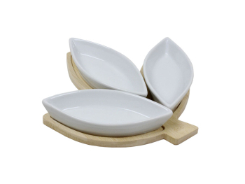 Plateau bambou forme feuille + 3 Coupelles 15,5x6,5h3