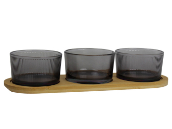 Plateau bambou + 3 pots en verre 